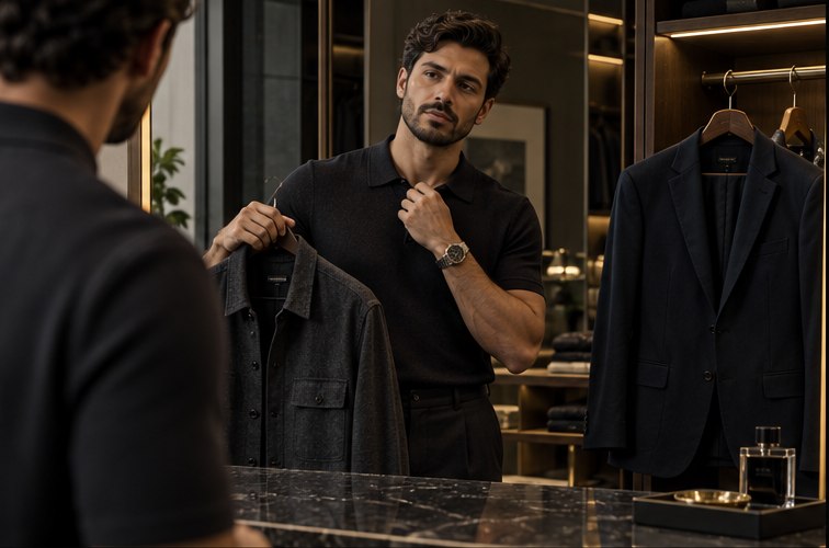 Homem escolhendo roupas diante do espelho
